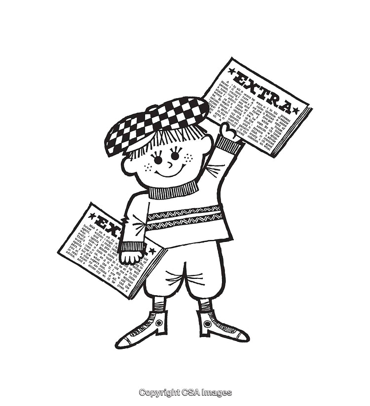 Vintage Line Art of a Newspaper Boy Holding a Paper in Black and White