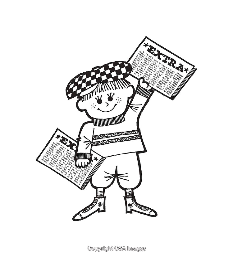 Vintage Line Art of a Newspaper Boy Holding a Paper in Black and White