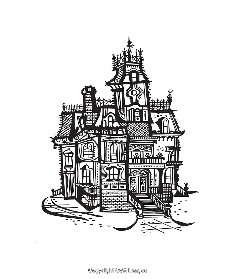 Intricate Black And White Illustration of a Gothic-Style Vintage Mansion