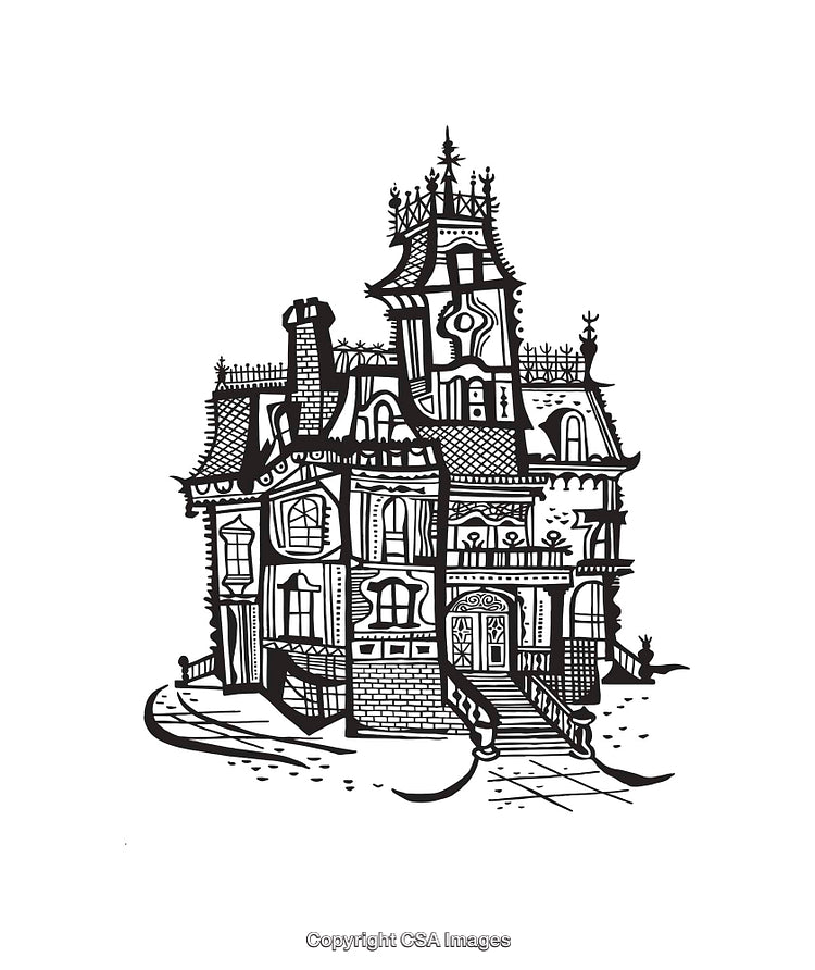 Intricate Black And White Illustration of a Gothic-Style Vintage Mansion
