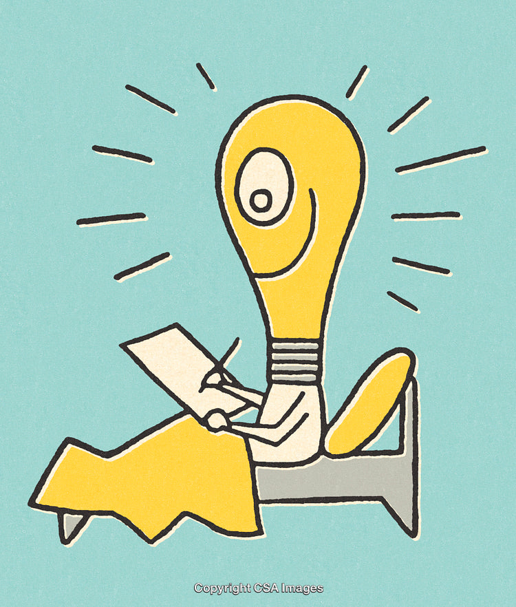Creative Lightbulb Character Writing and Sketching on a Bed