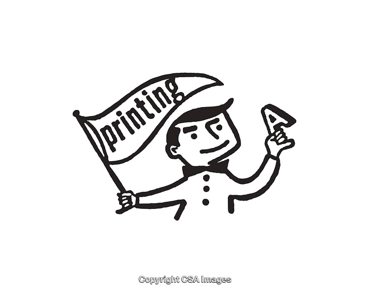 Black and White Line Art Illustration of a Person Holding Printing Tools