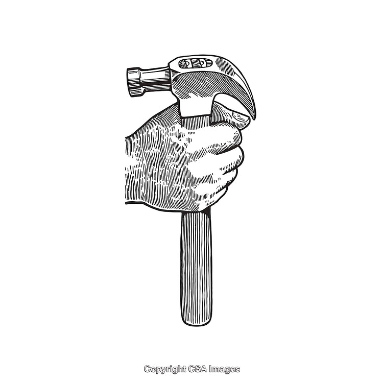 Black and White Line Art of a Hand Holding a Hammer