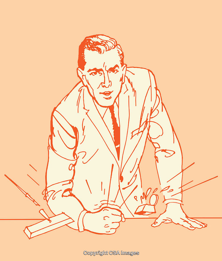 Illustrated Retro Businessman Gesturing in a Vibrant Line Art Style
