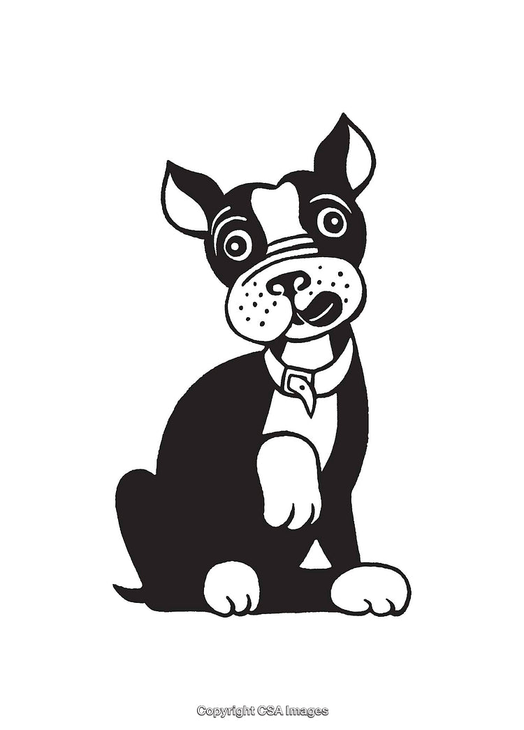 Black and White Illustration of a Sitting Dog with Curious Expression