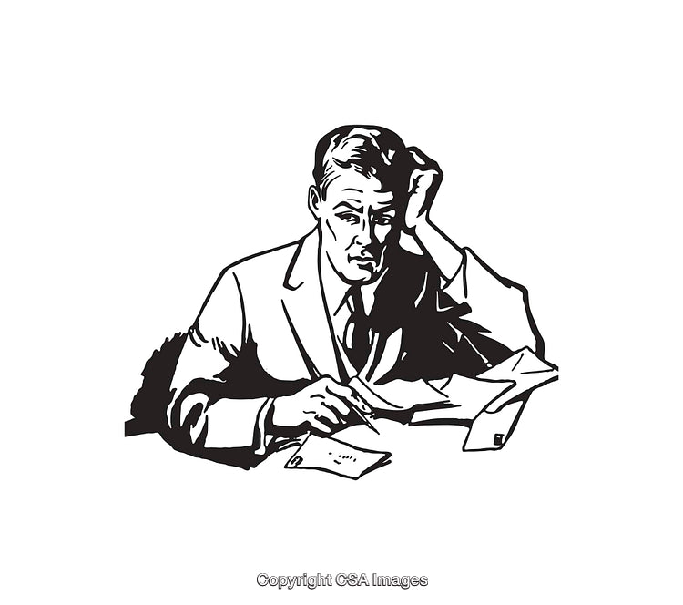 Vintage Illustration of a Man at a Desk in Black and White