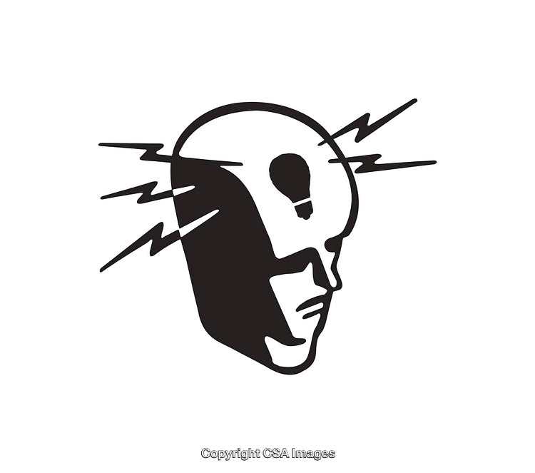 Black and White Minimalist Icon of a Thoughtful Face with Lightning