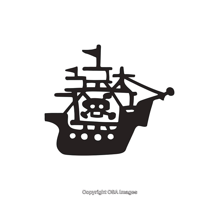 Black and White Pirate Ship Illustration Featuring Skull and Crossbones