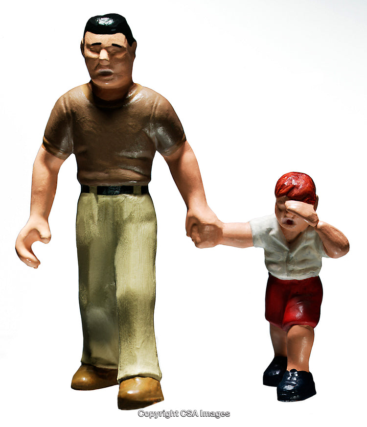 Plastic Figures of a Man and Child Holding Hands Displaying Emotion