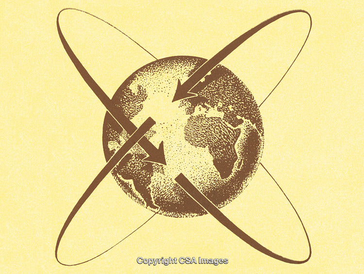 Illustration of the Earth with Arrows and Encircling Paths on Yellow Background