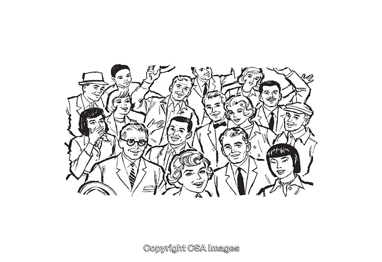 Black and White Line Art Depiction of a Diverse Happy Group