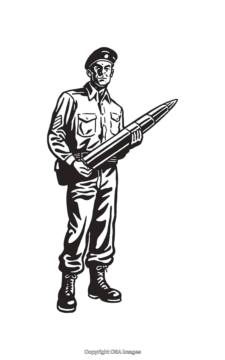 Black and White Soldier Holding a Large Bullet Line Drawing Illustration