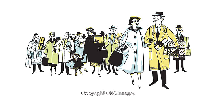 Illustrated Group of People Shopping in Winter Season with Gifts