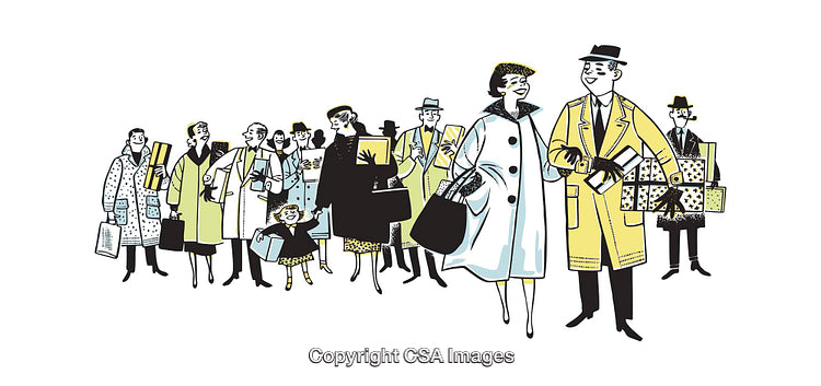Illustrated Group of People Shopping in Winter Season with Gifts