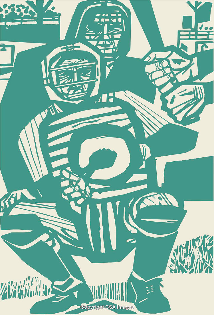 Graphic Line Art of Catcher and Umpire During Baseball Game