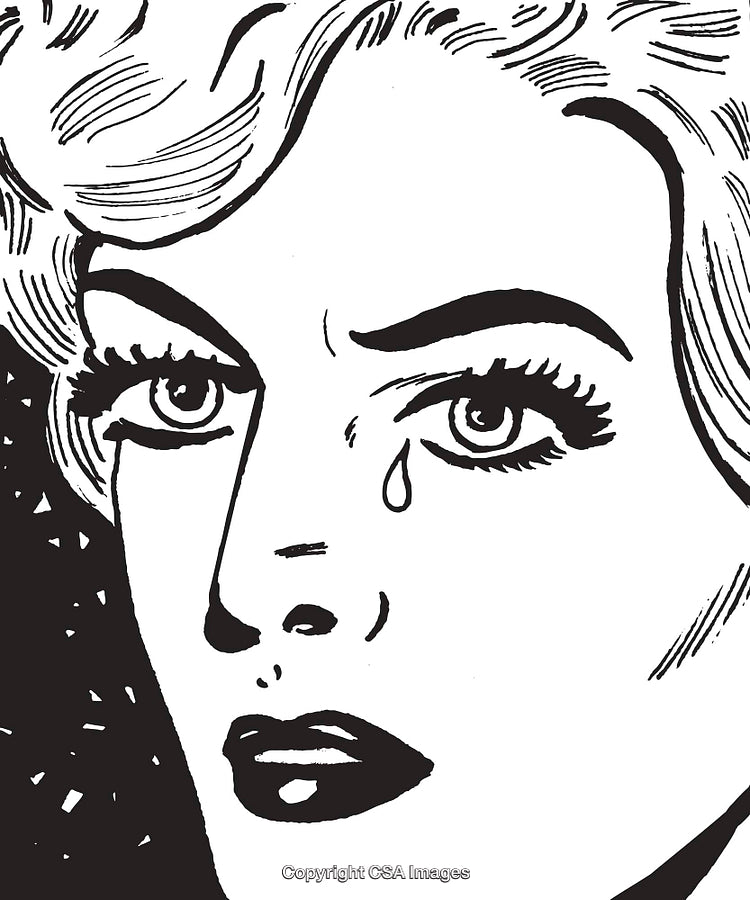 Retro Illustration of a Crying Woman in Black and White Style