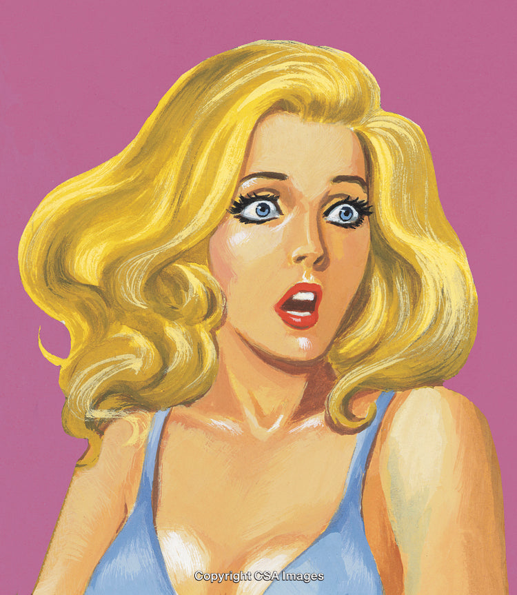 Surprised Blonde Woman with Retro Style and Shocked Expression Against Pink Background