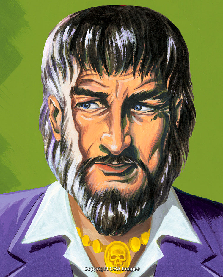 Colorful Portrait of a Man with Bearded Face Wearing Necklace on a Green Background