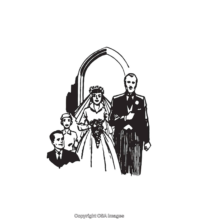 Black and White Line Art of a Vintage Wedding Ceremony Scene