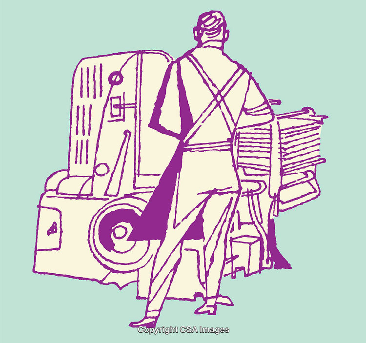 Color Line Art of Worker Operating Industrial Printing Machine