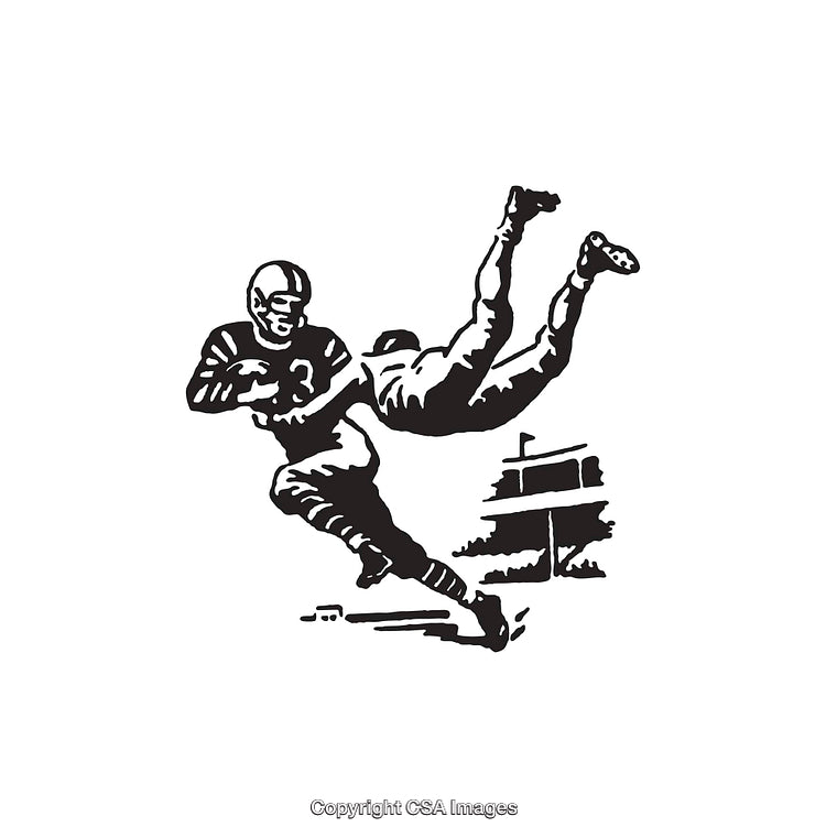 Black and White Illustration of a Football Tackle Action Scene
