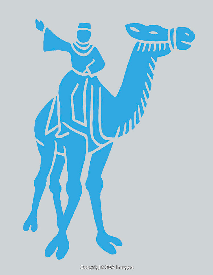 Blue Line Art Illustration of a Figure Riding a Camel