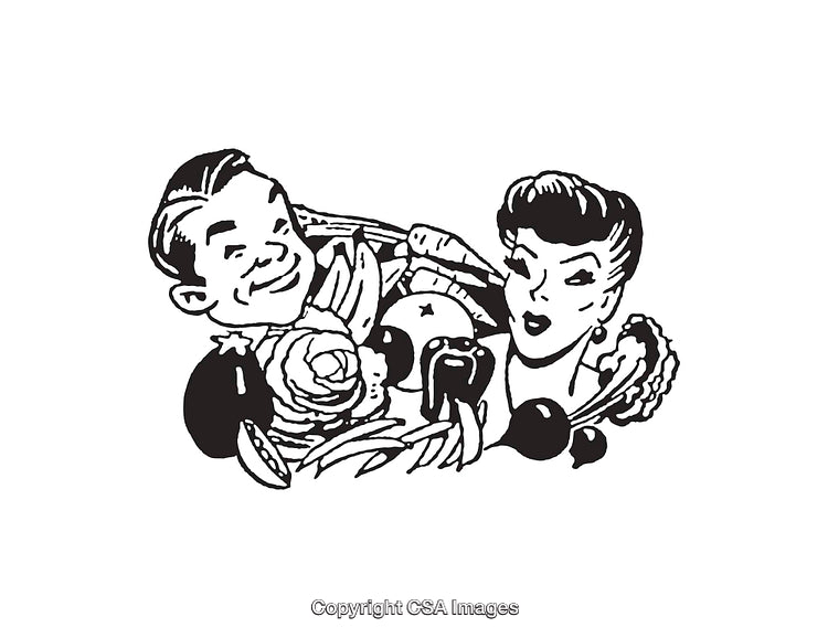 Retro Line Art of Man and Woman with Decorative Flowers and Elements