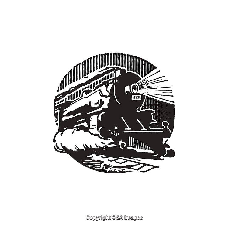 Vintage Inspired Black And White Train Line Art Illustration