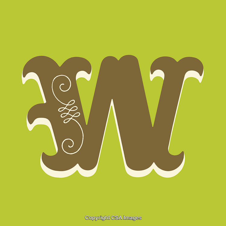 Decorative Brown Letter W on a Green Background with Ornamentation