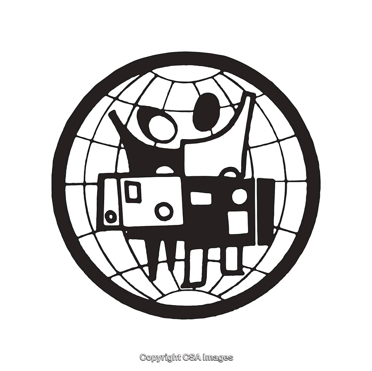 Black and White Line Art Globe Featuring Unique Symbolic Illustrations
