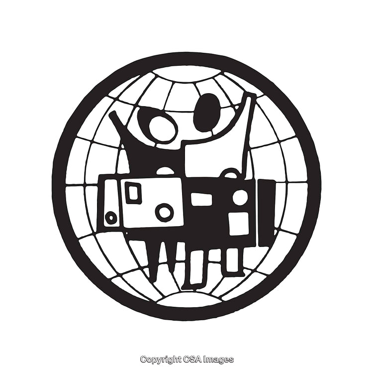 Black and White Line Art Globe Featuring Unique Symbolic Illustrations