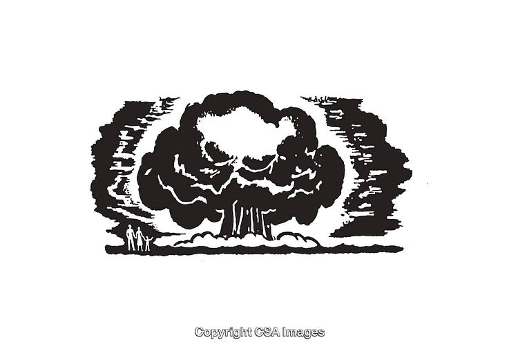 Black and White Line Art of a Nuclear Explosion with Mushroom Cloud