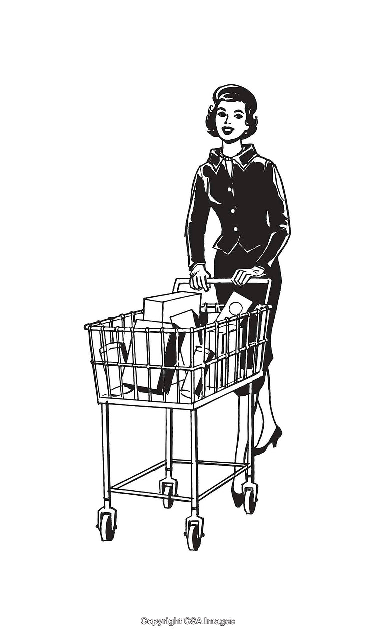 Retro Illustration of Woman Shopping With Grocery Cart