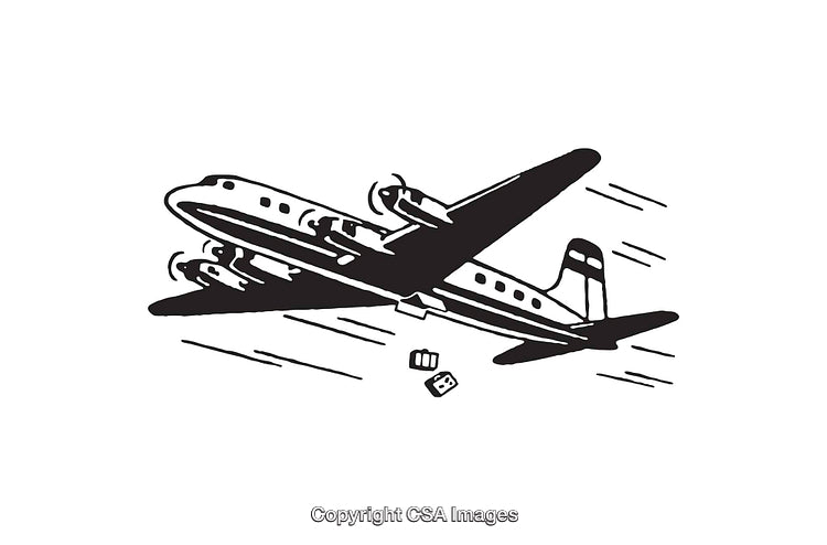 Retro Style Black and White Line Art of an Airplane in Motion