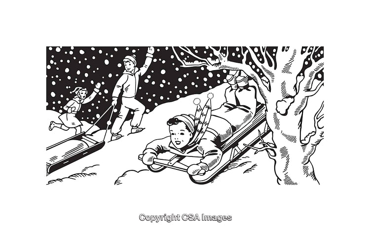 Vintage Winter Scene of Children Sledding in Black and White Line Art