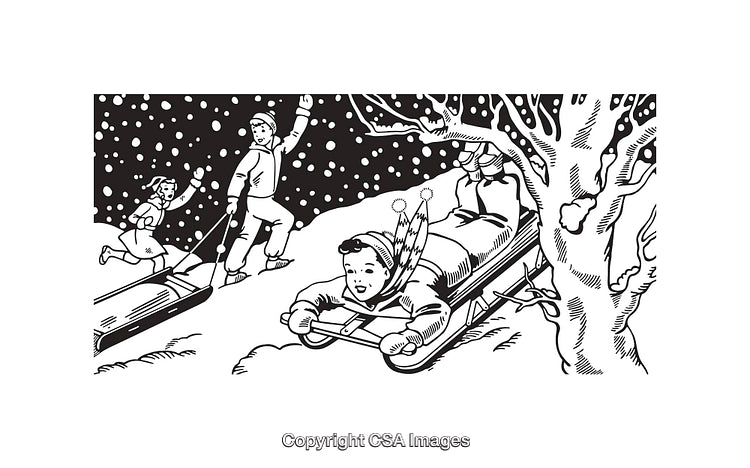 Vintage Winter Scene of Children Sledding in Black and White Line Art
