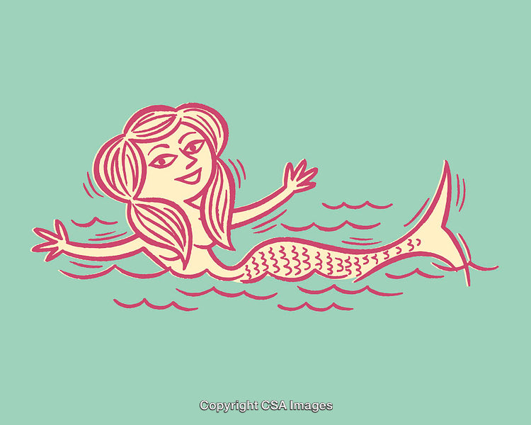 Playful Mermaid in Water Illustrated in Whimsical Colorful Line Art