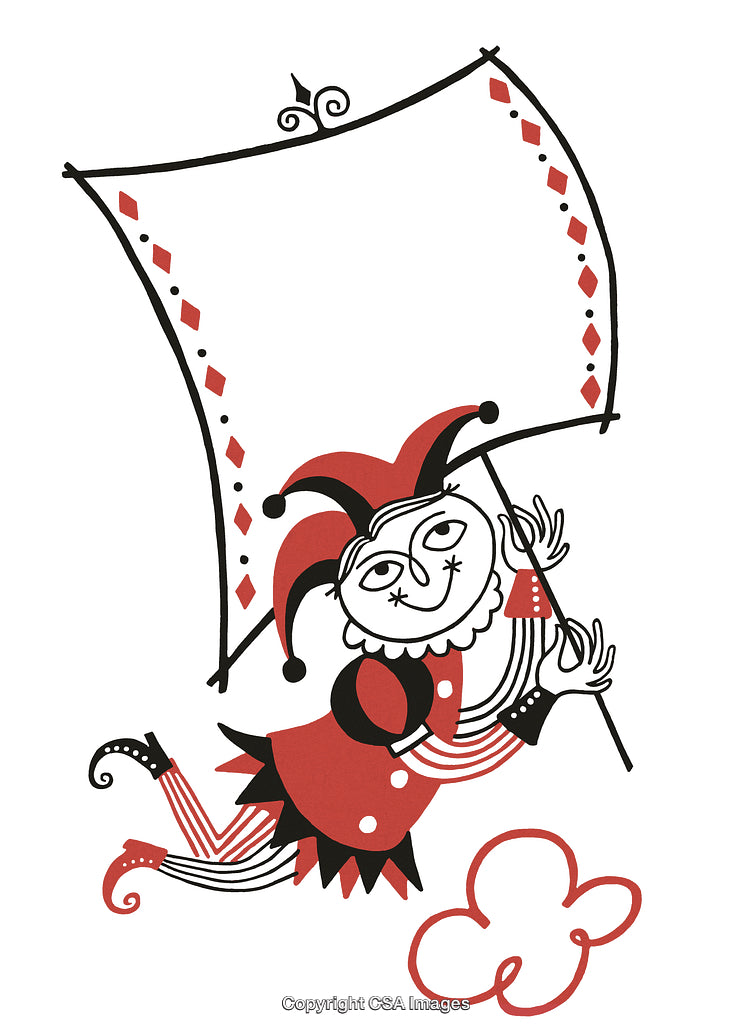 Whimsical Jester Character Holding a Banner in Playful Red and Black Design