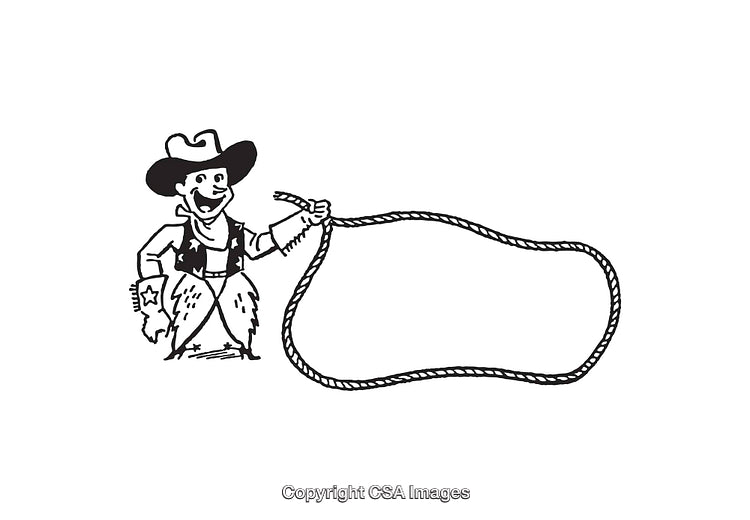 Black and White Cartoon Cowboy with Lasso Line Art Illustration