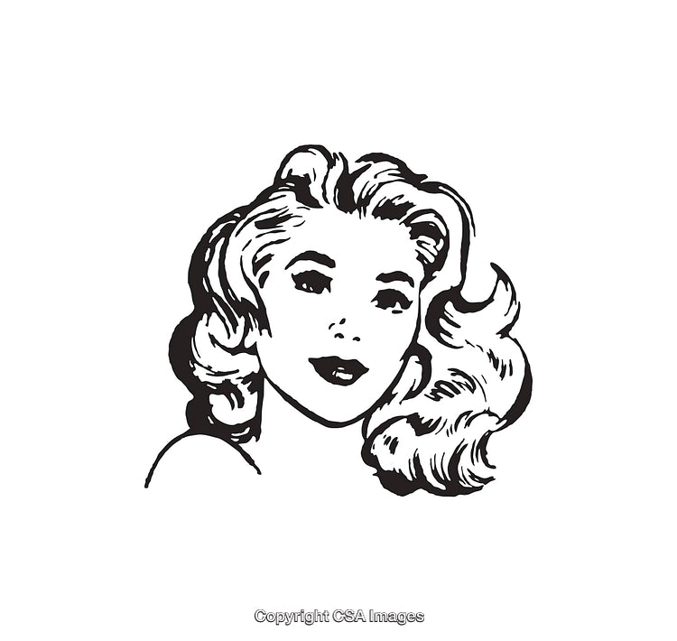 Retro Black and White Line Art Illustration of a Woman