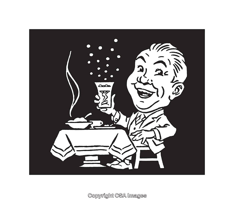 Vintage Line Art of a Person Enjoying a Drink at a Table