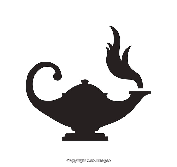 Silhouette of a Magical Genie Lamp with Smoke on White Background