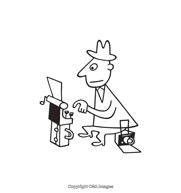 Simple Black and White Illustration of a Man Using a Typewriter