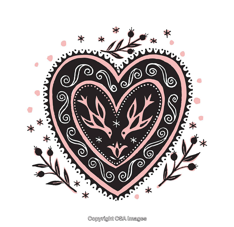 Illustrated Folk Art Heart Design With Birds and Botanical Motifs