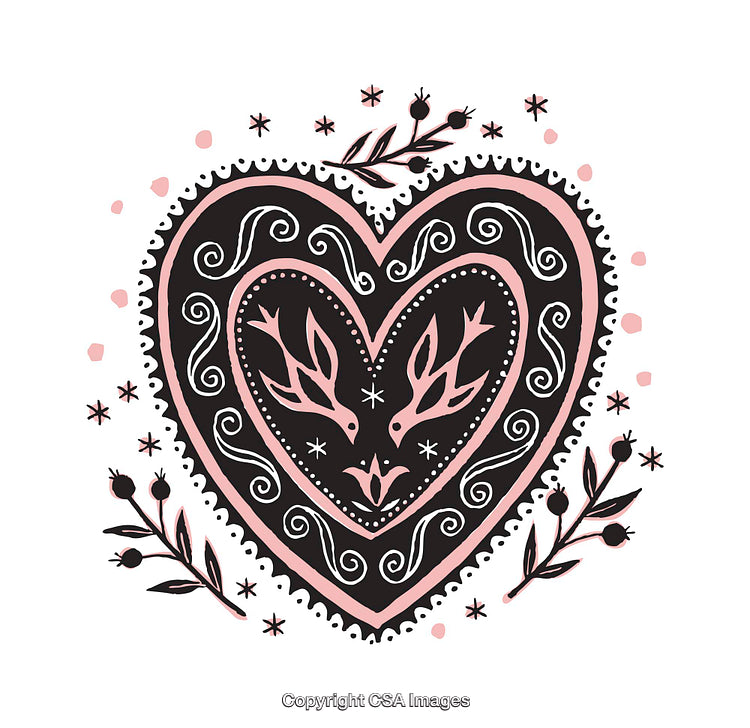 Illustrated Folk Art Heart Design With Birds and Botanical Motifs