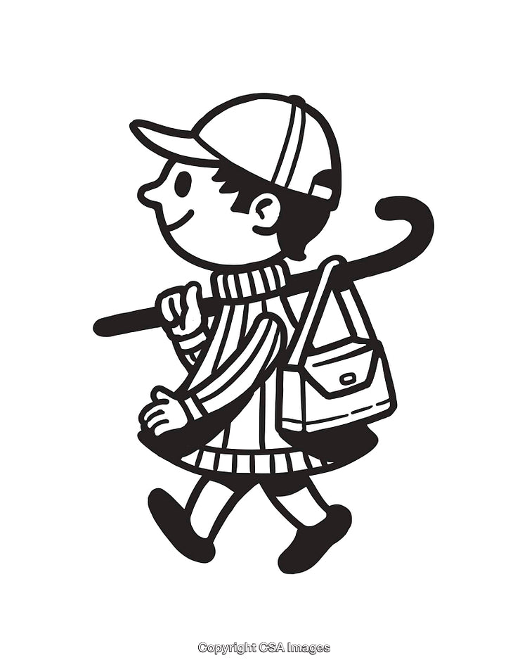 Illustration of a Boy Walking With a Stick and Bag in Black and White