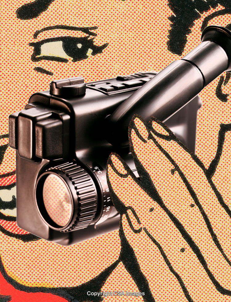 Pop Art Style Visual Featuring Retro Camera and Graphic Illustration