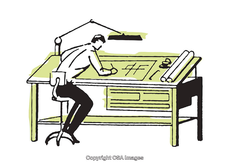 Architect Sketching At Drafting Table in Vintage Style Illustration