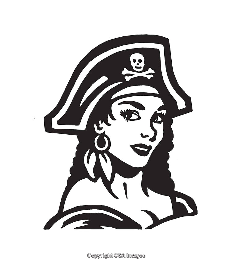 Black and White Line Art of a Female Pirate with Hat and Earring