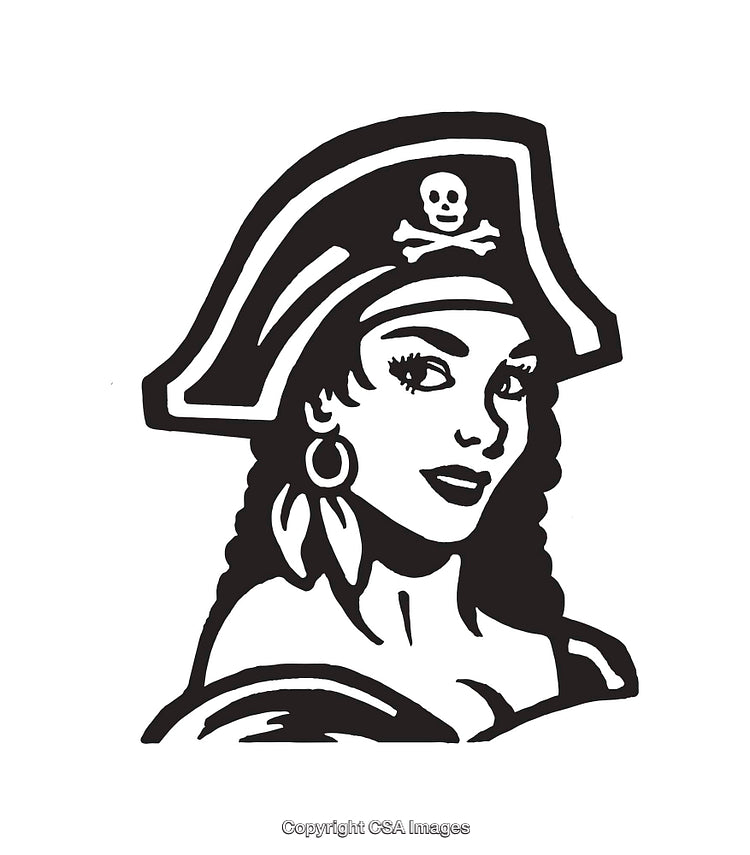 Black and White Line Art of a Female Pirate with Hat and Earring